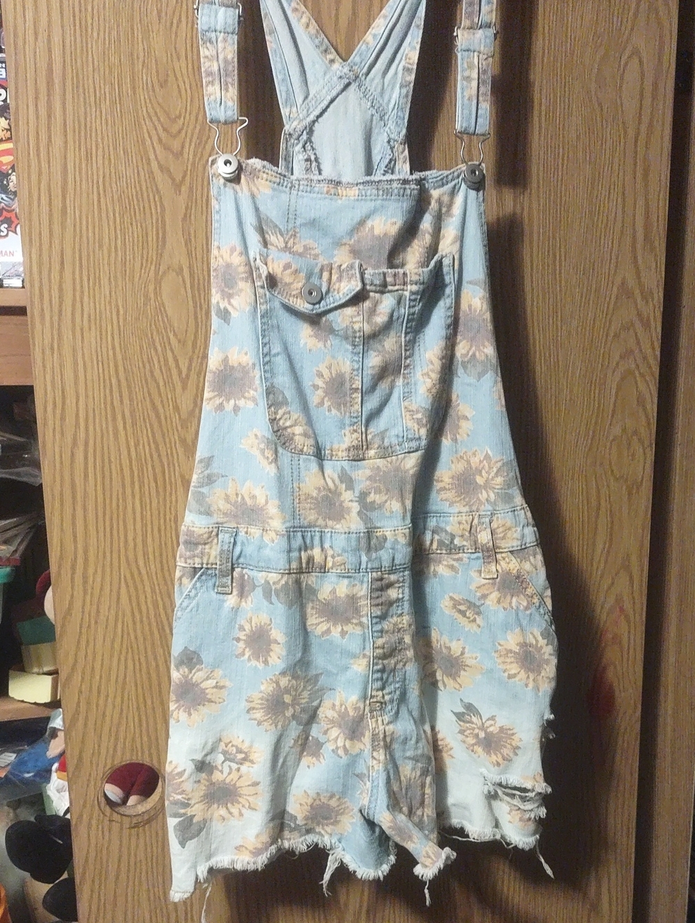 Sunflower Print Denim Short Overalls - Light Blue